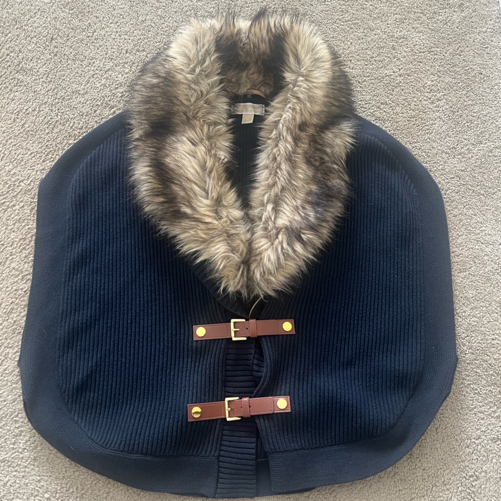 Michael Kors Navy Cape Sweater with Faux Fur Trim